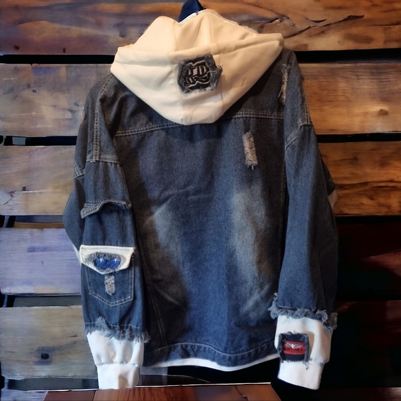 Distressed Denim Streetwear Hooded Jean Jacket - Picture 2 of 7